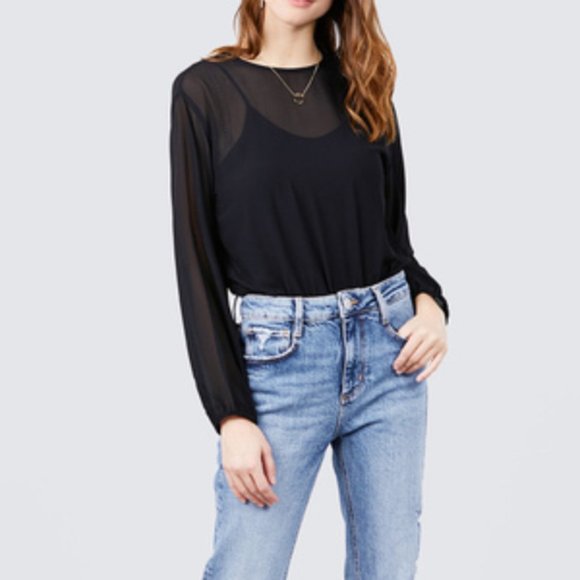 NWT- Women's Long Sleeve Open Back Bodysuit with Round Neck, Black - Picture 3 of 4